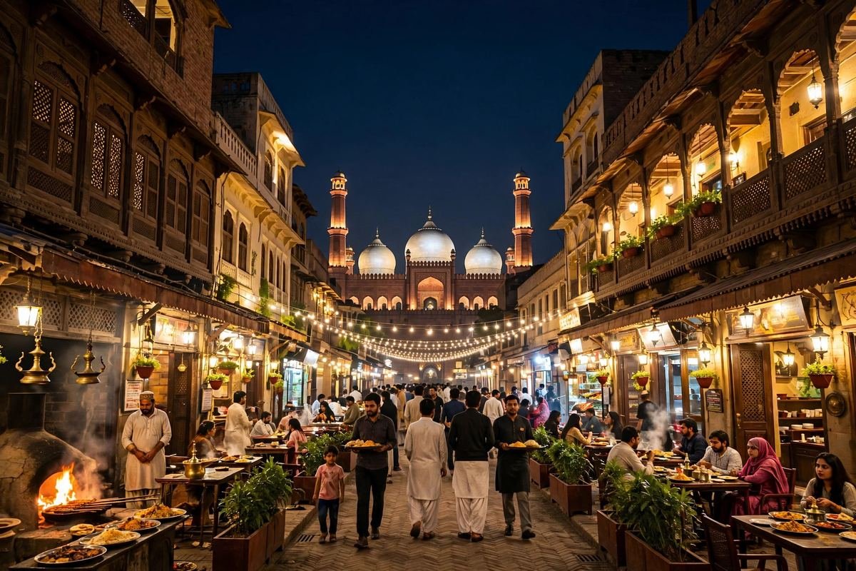 A vibrant food street in Lahore buzzing with evening crowds